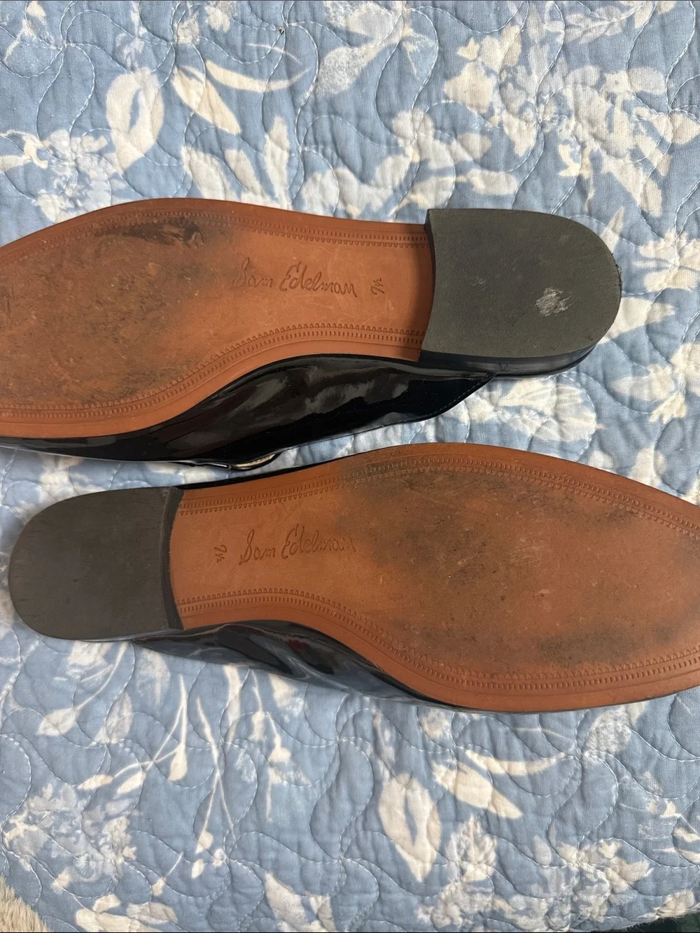 Sam Edelman Black Patent Leather Slip-Ons with Gold Accent